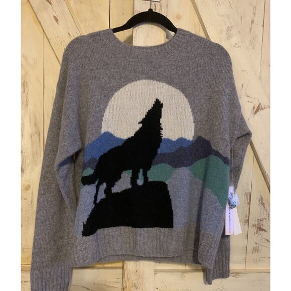 Aqua Cashmere 100% Light Gray Intarsia Wolf Design Sweater Women's Size M - Picture 6 of 10